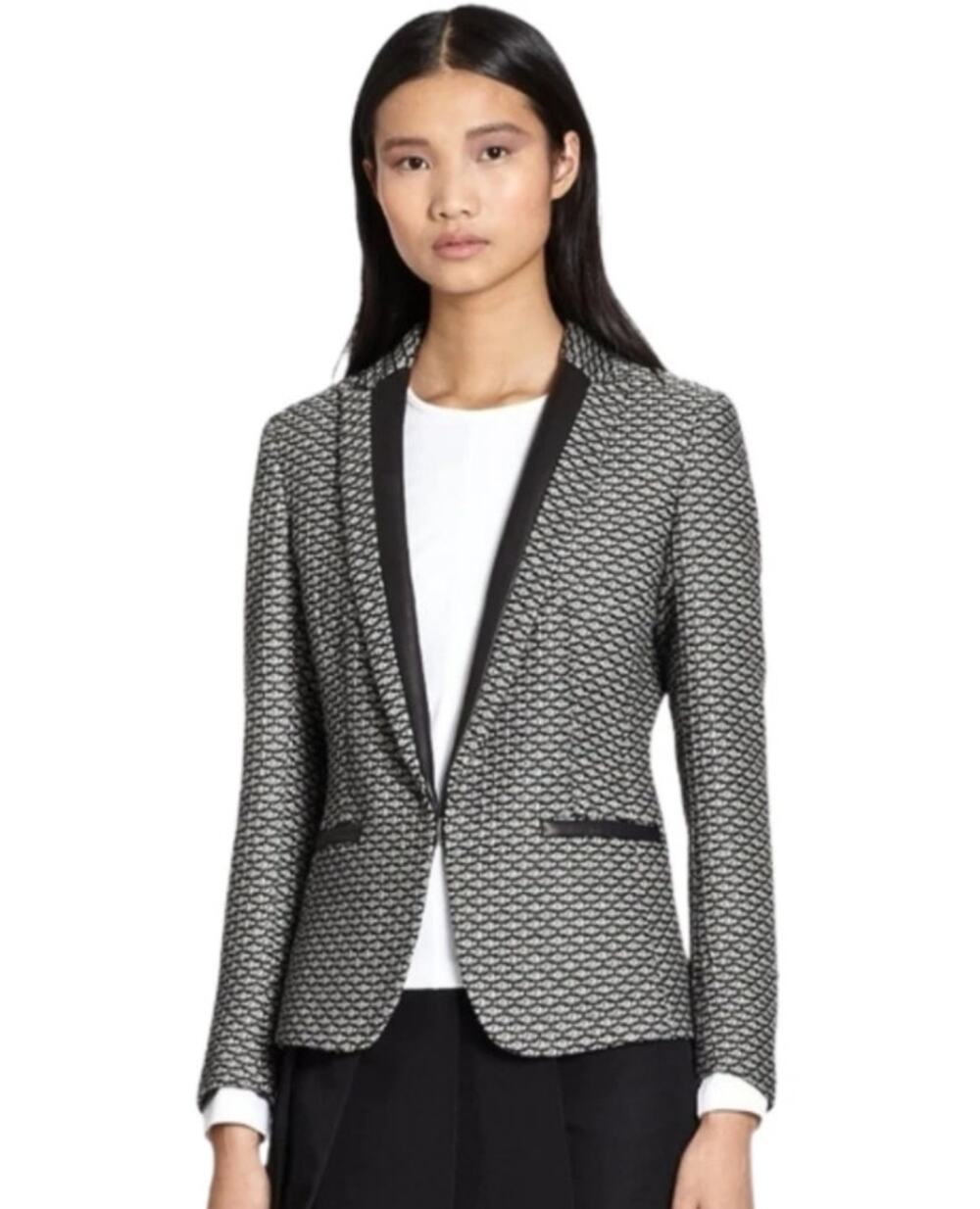 RAG & BONE Lorimer Tweed Tuxedo Blazer Black Jacquard and Leather Women's 8